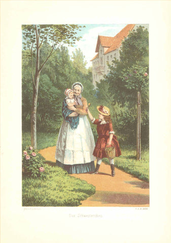 "Das Schwesterchen" (the little sister)  Chromolithograph after E. Limmer. Published 1892.  Original antique print  