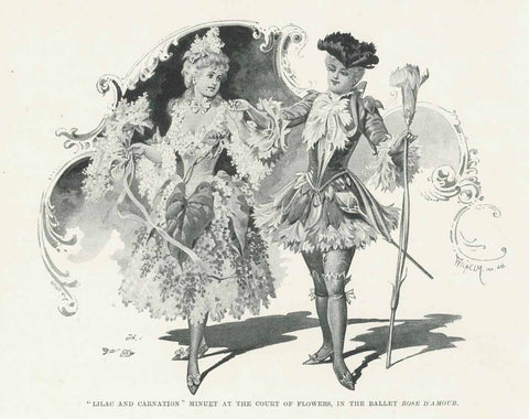 Original antique print  "Lilac and Carnation" Minuet at the Court of the Flowers, in the Ballet "Rose D'Amour"  Wood engraving published 1886. On the reverse side is text about ballet.