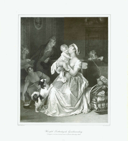 Original antique print , Motherhood - "Mutterschaft" (German for motherhood) is the official name of the painting which belongs to the Schleissheim Art Collection (Schleissheim is just north of Munich in Bavaria)  Lithographed by Thomas Kammerer after the painting by Margerite Gerard (1761-1837)  Munich, 1851  Original antique print    A young noble family, wife and husband, with their two children and a maid.  A Cavalier King Charles Spaniel dog (black variety) rising on the legs of the sitting motherr