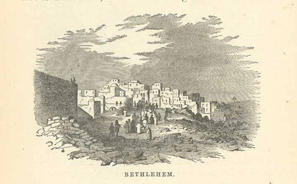 Original antique print  od Betlehem, Bethany, "Bethany"  6.5 x 9 cm ( 2.5 x 3.5")  Page with image of Bethlehem on one side and Bethany on the other side.  Published 1879.