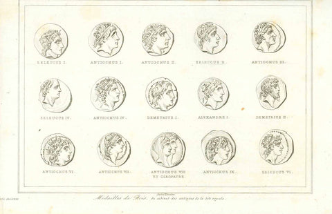 Original antique print  of ancient coins Ancient World, Coins, Numismatics, Syria, Seleucus I, Antiochus I, Antiochus II, Seleucus II, Antiochus III,