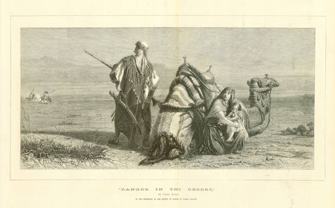 "Danger in the Desert"  Camels  Wood engraving made after a painting by Carl Haag. Published 1871.  Original antique print  