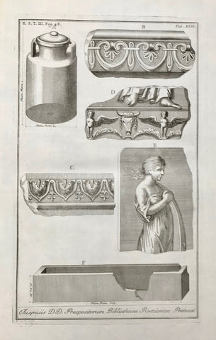 "Auspiciis DD. Praepositorum Bibliothecae Roncione Pratensi"  Copper engraving from "Utriusque Thesauri Antiquitatum Romanorum graecarumque nova Supplementa" by Giovanni Poleni (Joanne Polemo 1683 - 1761). This work was published in Venice in 1737 by J. B. Pasquali.  Poleni was known for his work in Astronomy, Physics, Archeology, and Meteorology. He constructed a wood adding and multiplying machine that had a limited function. Some say he was the "father" of the computer.