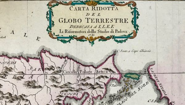 "Carta Ridotta Del Globo Terrestre". Copper etching, anonymous Italian, dated. 1781. Modern hand coloring.  A facinating aspect of this map is that Europe and Asia are shown on the left side. A little bit of Europe and Africa is on the right edge to give a sense of location. In both upper corners is a bit of Greenland. In the upper left is Iceland in green.