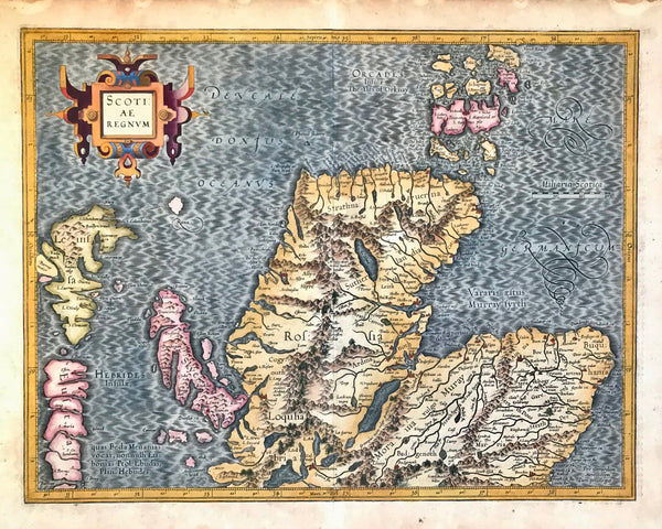 "Scotiae Regnum"  Outstandingly originally hand-colored copper etching by Gerard Mercator (1512-1594)  Published posthumously by Mercator's son Rumold in Duisburg, 1595  Printed on very thick paper of the first edition. Verso text: Latin  Shows northern part of Scotland with Orkney Islands and part of the Hebridean Islands.