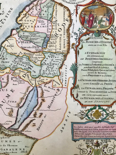 "La Judée ou Palestine, sou le Roi Herodes sur nommé le Grand,...". Copper etching by Pierre Moulard Sanson in outstanding recent coloring. Paris, 1712.  This map shows biblical Palestine during the reign of King Herodes. The title cartouche is in the upper left corner. The cartouche on the right side has a genre scene in the medallion. A list of historical events on the right side help to put this map in historical perspective.