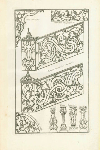 No title. Wrought Iron Stairway railings and other samples of wrought iron  Copper etching  Published in "Traite elementary pratique d'architecture ou étude des cinq ordres"  - Regula delle cinque ordini d'architettura  By Barozzi da Vignola (1507-1573)  Original Italian edition was printed in 1562. Our prints are from the French edition. Paris, 1767  Page 94 from this work.  Original antique print 