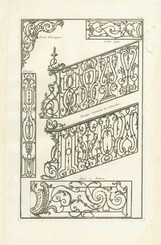 No title. Wrought Iron Stairway railings and other samples of wrought iron  Copper etching  Published in "Traite elementary pratique d'architecture ou étude des cinq ordres"  - Regula delle cinque ordini d'architettura  By Barozzi da Vignola (1507-1573  Original Italian edition was printed in 1562. Our prints are from the French edition. Paris, 1767  Page 94 from this work.  Original antique print 