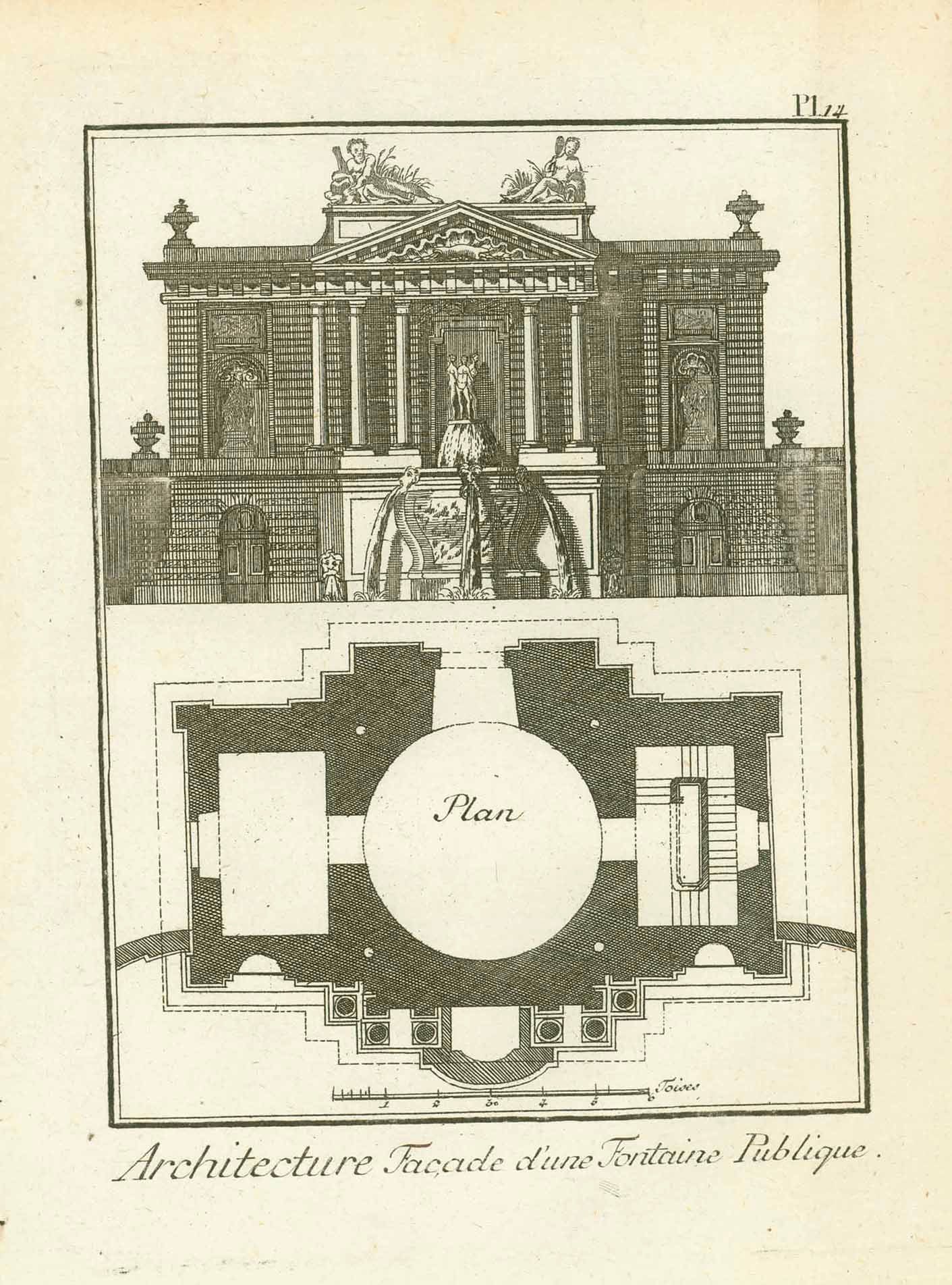 "Architecture Facade d'une Fontaine Publique" (Facade of a public fountain)  Copper etching published ca 1775.  Original antique print  
