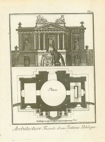 "Architecture Facade d'une Fontaine Publique" (Facade of a public fountain)  Copper etching published ca 1775.  Original antique print  
