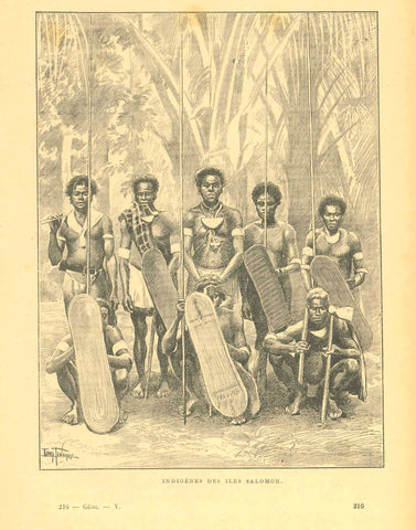 "Indigenes des Iles Salomon"  South Pacific, Solomon Islands, Guadacanal  Zincograph published ca 1890.  Original antique print   interior design, gift ideas, vintage, decoration 
