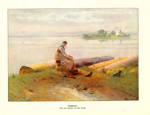 Jagdpause" (a pause from hunting)  Pleasant scene on Chiemsee with the Fraueninsel in the background. Chromolithograph made after a painting by Karl Raupp (1837-1918).  Original antique print  