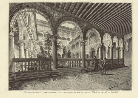 "Lupiana (Guadaljara). - Claustro del Ex-Monasterio de San Bartolome"  Wood engraving made after a drawing by Salcedo published 1884.  Original antique print  