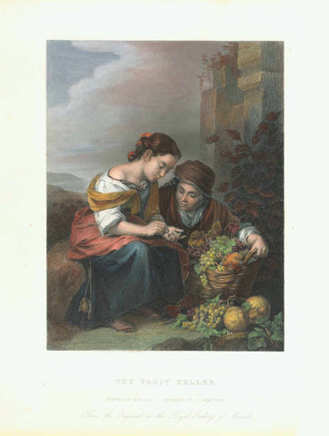 "The Fruit Seller"  Fine copper engraving by J. C. Armytage after a painting by Bartolome Murillo. The original hangs in the Pinakothek in Munich.  Exquisite hand coloring. Printed ca 1850.  Original antique print  