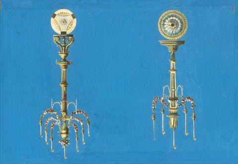No title. - Two baroque table silver candelabras  With foot design to be seen  Published in "Ameublement". Paris, 1771  Jean Charles de la Fosse (1734-1789)  Paris, 1769  Original antique print   The candelabras surrounded by blue gouache color