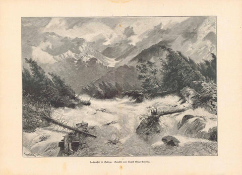 "Hochwasser im Gebirge" (high water in the mountains )  Wood engraving made after a painting by August Geiger-Thuring. Published 1894.  Original antique print  interior design, wall decoration, ideas, idea, gift ideas, present, vintage, charming, special, decoration, home interior, living room design 
