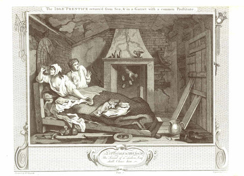 "The Idle Prentice return'd from Sea in a Garret with a common Prostitute"  Copper engraving by Thomas Cook (1744-(45)- 1818)  from the Series "Industry and Idleness" Number 7 (from 12)  From the English satirist with a sharp humor William Hogarth (1697-1764).  Published in London, 1802  Original antique print  