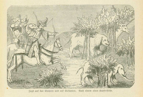 "Jagd auf das Einhorn und auf Elefanten" (hunting unicorns and elephants)  Wood engraving of a mythological hunting scene. Published 1881. Made after a very old copper engraving. One a page about hunting in India that continues on the reverse side. Original antique print  