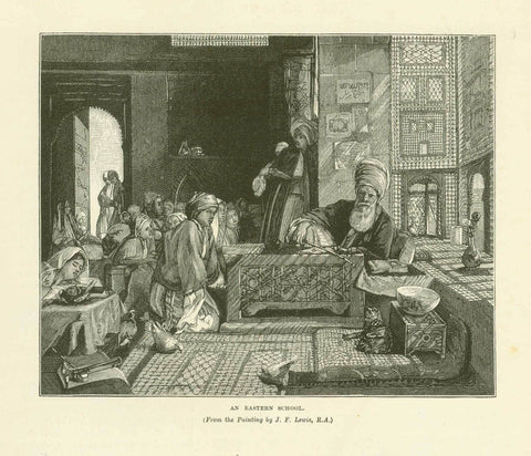 Antique print, Islamic culture, "An Eastern School"  Wood engraving made after the painting by J. F. Lewis ca 1900. On the reverse side of the page is text about the painter J. F. Lewis.  Original antique print
