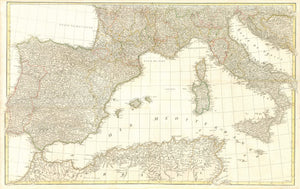 Mediterranean Sea (Western part) From Portugal to Croatia. Northern Africa from Morocco to the Gulf of Gabes (Lesser Syrtis) in Tunesia. Copper etching by Guillaume-Nicolas Delahaye Geographical place names etc: French Language This map does not show the title cartouche. It was printed in two parts as a large wall map. We have only the western part of the Mediterranean Sea. 