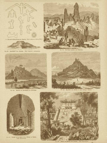 Chihuahua, Cholula, Tulum, Izamal  Wood engravings published 1875. On the reverse side is text (in German) about history and archeology of the Americas.  Original antique print  