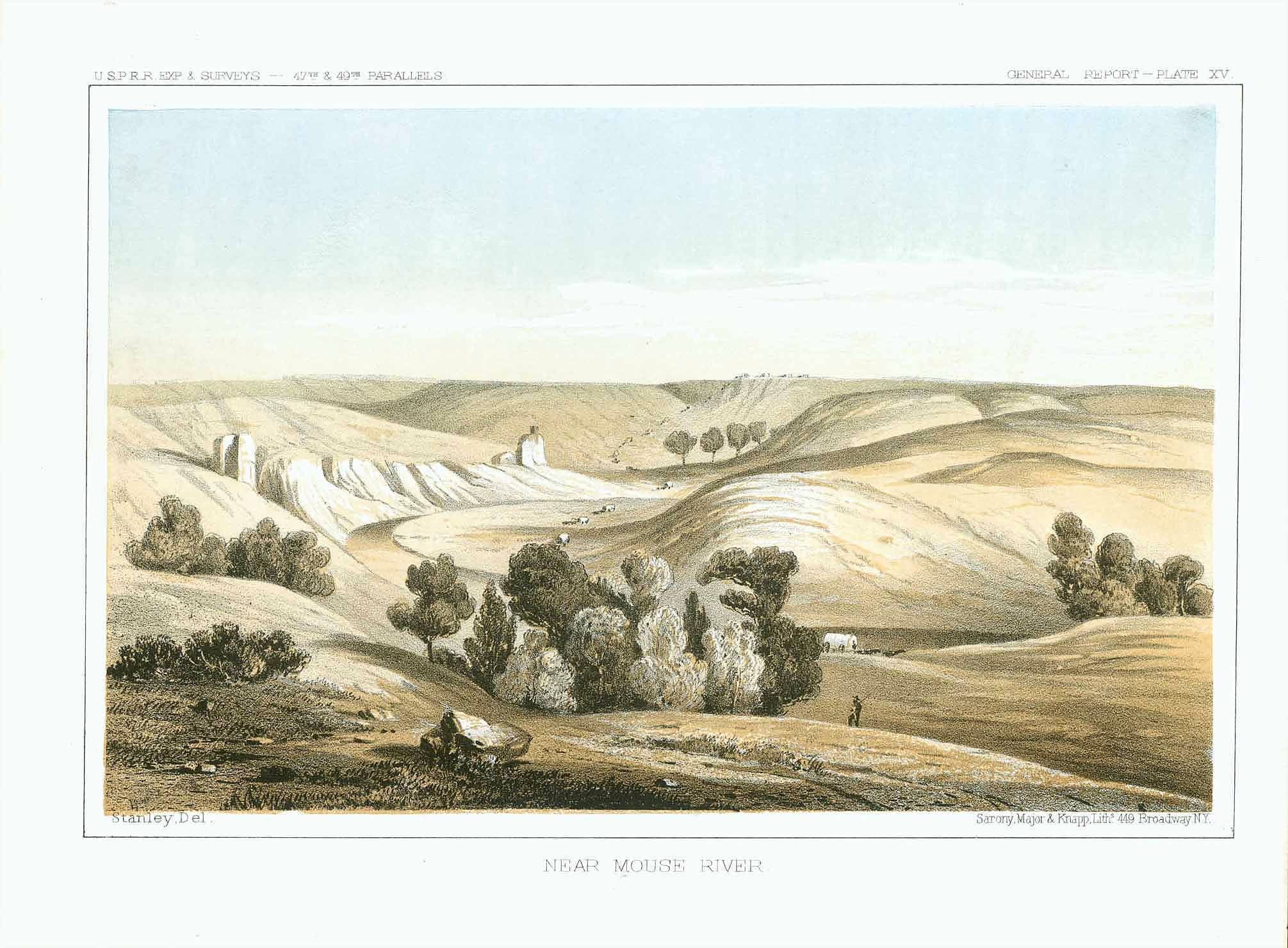 Lithograghs from the U.S.P.R.R. Exp. & Survey (United States Pacific Rail Road Expedition and Survey)  Enjoy looking at some of the most artisic and documentary prints made of the American West. These original hand-colored lithographs were made in the 1850s by a group of naturalists and artists who travelled with the expedition surveying the West for the U.S. Pacific Railroad. These prints were published as part of the official government report.   "Near Mouse River" (Souris River)