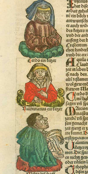 Rome. - "Tiburtina die statt"  Das sechst alter der werlt. Lag. CXIII (113)  Upper left: Portrait of "Secundus philozophus"  Most likely holding in his hand the oldest depiction of looking glasses ever in print  Type of print: Woodcut  Color: Excellent hand coloring  Published in: Nuremberg Chronicle ("Weltchronik" (Liber Chronicarum)  Author:  Hartmann Schedel.  Published: Nuremberg, 1493