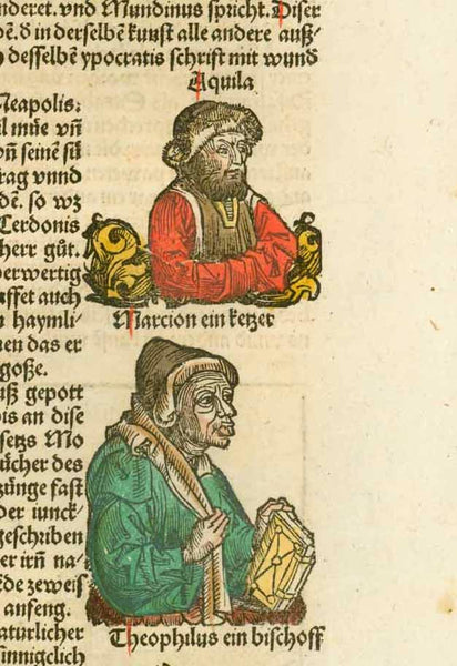 Rome. - "Tiburtina die statt"  Das sechst alter der werlt. Lag. CXIII (113)  Upper left: Portrait of "Secundus philozophus"  Most likely holding in his hand the oldest depiction of looking glasses ever in print  Type of print: Woodcut  Color: Excellent hand coloring  Published in: Nuremberg Chronicle ("Weltchronik" (Liber Chronicarum)  Author:  Hartmann Schedel.  Published: Nuremberg, 1493
