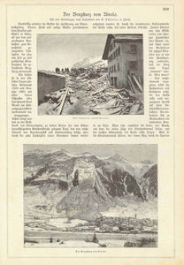 "Der Bergsturz von Ariolo"  Upper image: ""Das ehemalige "Hotel Ariolo" Lower image: "Der Bergsturz von Ariolo"  Xylographs on a page of text about the terrible slide in Ariolo in December 1898. , interior design, wall decoration, ideas, idea, gift ideas, present, vintage, charming, special, decoration, home interior, living room design