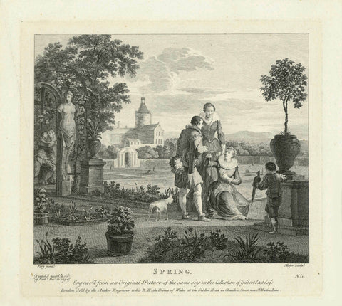"Spring"  Copper etching by Thomas Major (1714-1799)  After the painting by Franz de Paula Ferg (1689-1740)  The painting was in the possession of Gilbert East. His collection of paintings was engraved and published in 1754.  Original antique print  