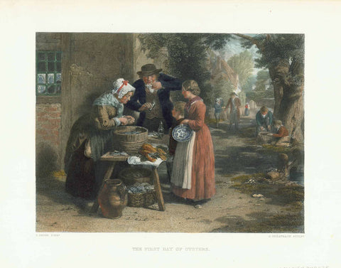 "The First Day of Oysters"  Hand-colored steel engraving by G. Greatbach after the painting by G. Smith  Very pleasantly hand-colored engraving. Published ca. 1860.  Very good condition.  Original antique print , interior design, wall decoration, ideas, idea, gift ideas, present, vintage, charming, special, decoration, home interior, living room design