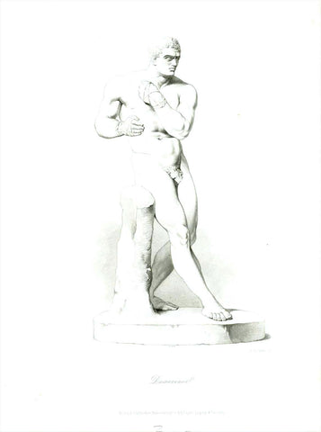 "Damoxenos"  Damoxenos von Syrakus, aus Pausanias Beschreibung der Nemean-Spiele in seinem Esas von Griechenland  Steel engraving by Albert Henry Payne (1812-1902)  Leipzig, ca. 1850  Model for this print was the Greek statue from the 2nd century B.C.  Pausanias was born in Lydia (Western Turkey) ca. 115 - ca. 180. He was a Greek writer (travel - describing many parts of Greece in great detail) and geographer.  His description of Olympia included the Olympic Games 