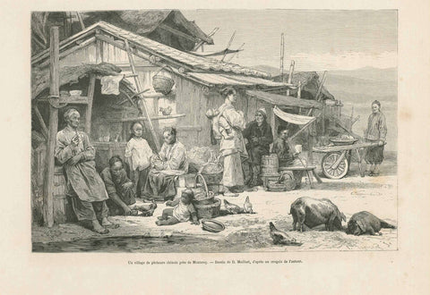 "Une village de pecheurs chinois pres de Monterey" (a village of Chinese fishermen in Monterey)  Wood engraving published ca 1875. French text on the reverse side about California.  Original antique print  