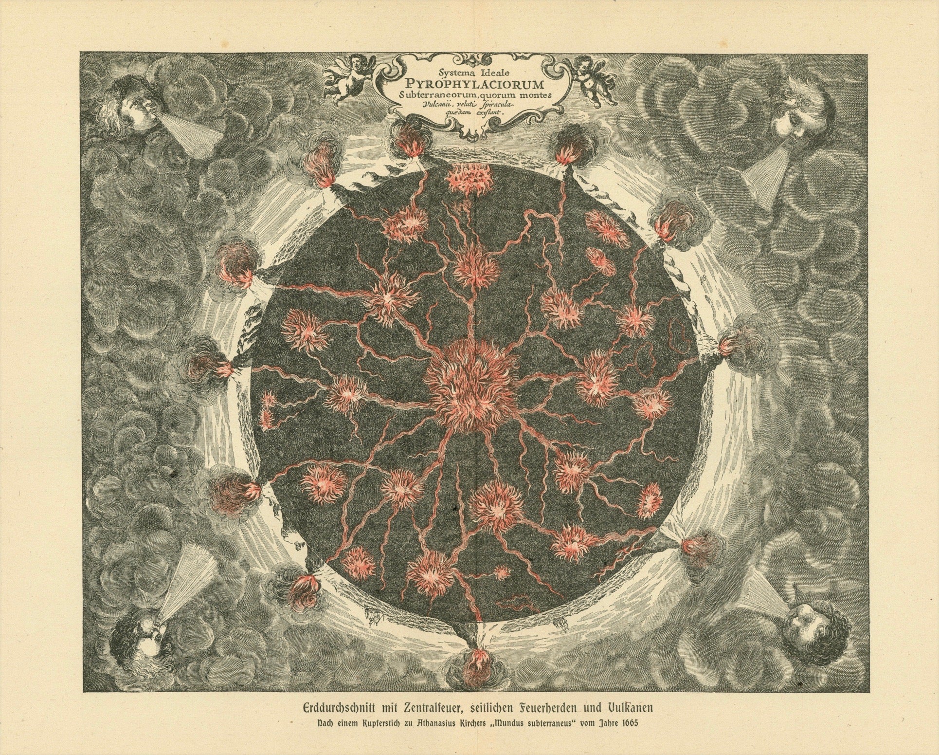"Erddurchschnitt mit Zentralfeuer, seitlichen Feuerherden und Vulkanen" (Earth middle cut with the center fire and the fires going out to the edge with the volcanos)  Wood engraving made after a copper engraving (1665) by Athanasius Kircher (1602-1680). This print was published 1895.