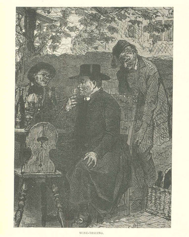 Antique print, gastronomy, Wine-Testing"  Wood engraving printed ca 1880.  Original antique print  
