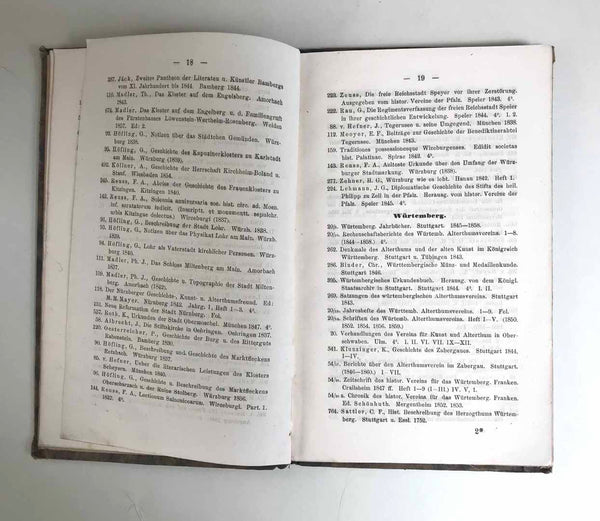 "Vereichniss der Druckwerke und Handschriften in der Bibliothek des historischen Vereins zu Darmstadt"  Published 1861 auf Kosten und im Verlag des historisches Vereins.  On the third page are stamps showing the book was once in the K.u. Univ-Bibl. in Breslau.