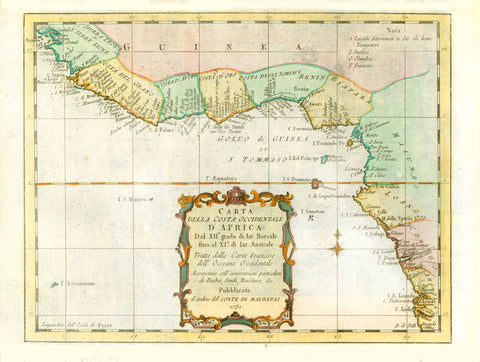 Original antique print  "Carta de la Costa Occidentale d'Africa dal XII grado di lat. Boreale fino al XI di lat Australe".      For a 30% discount enter MAPS30 at chekout                                                    Copper etching by Bellin done according to observations of Barbot, Smith, Marchaise and others. It was published by orders of the Count of Maurepas in 1781. The fine coloring is modern.  Original antique print   