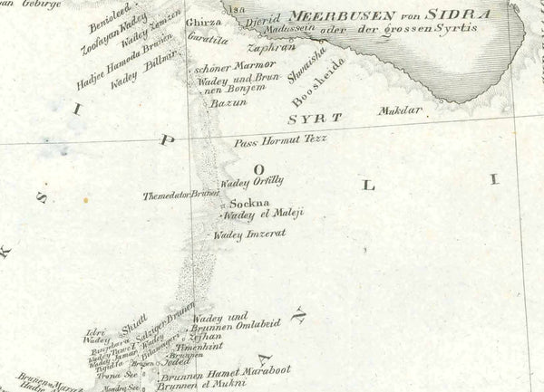 Antique map, "Charte zu den Entdeckungsreisen im Nördlichen und Mittleren Africa von Dr. Oudney, Weimar, 1827 The north of this African discovery map shows the beginning of the expedition the explorers took: Starting from the Gulf of Sidra in Tripoli, the path follows almost straight south to Morzuk, side tracking west to Ghart, then further straight south through the Sahara to Lake Chad, turning south-west to Kalawawa after a trip south and back to Makkaray. Mapping ends in Kalawawa.