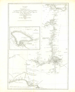 Antique map, "Charte zu den Entdeckungsreisen im Nördlichen und Mittleren Africa von Dr. Oudney, Weimar, 1827  The north of this African discovery map shows the beginning of the expedition the explorers took: Starting from the Gulf of Sidra in Tripoli, the path follows almost straight south to Morzuk, side tracking west to Ghart, then further straight south through the Sahara to Lake Chad, turning south-west to Kalawawa after a trip south and back to Makkaray. Mapping ends in Kalawawa. 