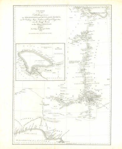 Antique map, "Charte zu den Entdeckungsreisen im Nördlichen und Mittleren Africa von Dr. Oudney, Weimar, 1827  The north of this African discovery map shows the beginning of the expedition the explorers took: Starting from the Gulf of Sidra in Tripoli, the path follows almost straight south to Morzuk, side tracking west to Ghart, then further straight south through the Sahara to Lake Chad, turning south-west to Kalawawa after a trip south and back to Makkaray. Mapping ends in Kalawawa. 