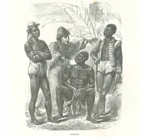 Original antique print  Peoples, Africa, Liberia, Kruleute, Crew workers, Assini, Reederei Woerman "Kruleute"  Wood engraving published 1874. On the reverse side is text and an image of the village Assini.  The image of Kruleute refers the young men, mostly from Liberia , who worked for very little money rowing boats for the Reederei Woerman.