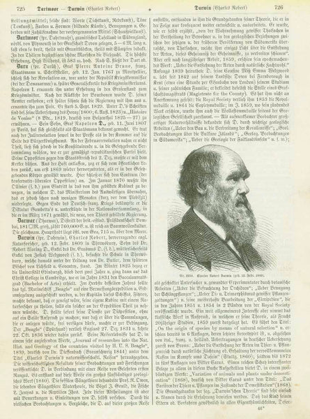 "Charles Robert Darwin (geb. 12 Febr. 1809)

Portraits, Darwin, Butterflies, Raubtiere, Affen

Two pages with wood engravings and text about Darwin's Theory of Evolution.

Published ca 1875.

Original antique print