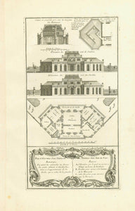 Original antique print  Architecture , "Plan et Elevation d'une Maison de Plaisance situe dans un Parc"  Copper engraving.  Published in "Traite elementary pratique d'architecture ou Ettude des cinq ordres" "Livre nouveau, ou Regles des cinque ordres d'architecture"  - Regula delle cinque ordini d'architettura  By Barozzi da Vignola (1507-1573