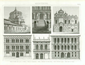 "Architektur" - Architecture  "Mailand, Venedig, Calergi..."  Steel engraving published in Leipzig, 1870.  Original antique print &nbsp;