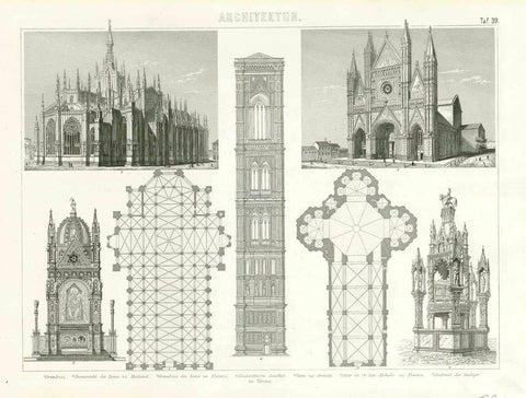 Original antique print  architecture, "Architektur"  "Mailand, Florenz, Orvieto, Verona"  Steel engraving published in Leipzig, 1870.  Original antique print