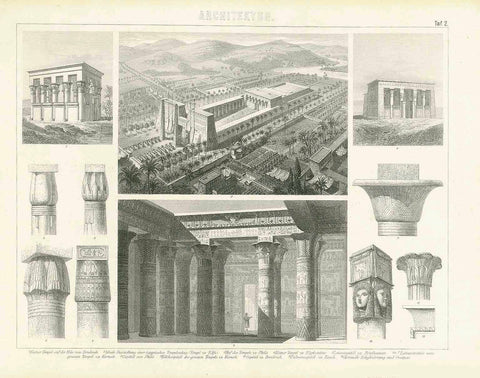 "Architektur"  "Denderah, Edfu, Phila, Elephantine, Benihassan, Karnak, Esneh...."  Steel engraving published in Leipzig, 1870.  Original antique print&nbsp;&nbsp;