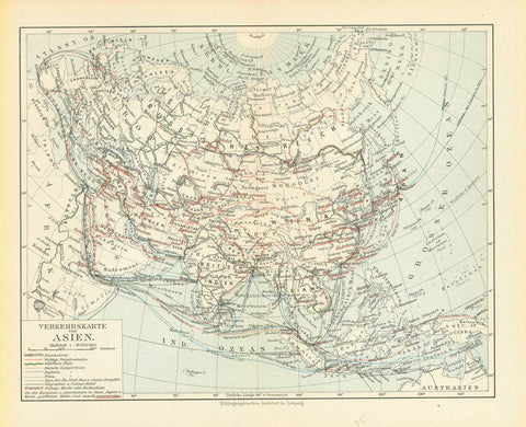Original antique map, showing Technology, Railways, Railroads, Transportation, Ship Routes, Telegraphs, Asia, Published 1895. 