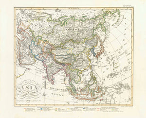 Original antique map China, India, Russia, Indonesia, "Asia"  Steel engraving by Hermann Berhaus after F. von Stuelpnagel for Stieler, dated 1854. Original hand outline coloring.  The colored regions show the Islamic states, the Buddhist states and the European colonies of the time.  This is a very interesting historical map that shows all of Asia.