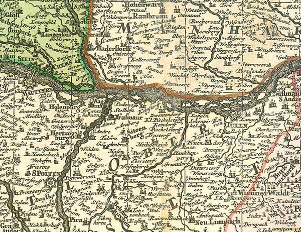 "Archiducatus Austriae Inferioris accuratissima tabula..." Copper engraving by M. Seutter, ca 1740. Hand coloring.

For a 30% discount enter MAPS30 at chekout&nbsp;

Very detailed map with the course of the Danube in the upper middle area. On the left the Danube enters at Enns and Steyr and flows out on the right side at Presburg. In the upper left corner is Rudolfstadt in Bohemia. In the upper right is Landtshut and Goding on the Moravia River. In the lower left is Rottenman in Styria. 