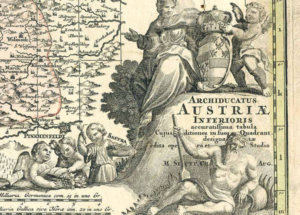 "Archiducatus Austriae Inferioris accuratissima tabula..." Copper engraving by M. Seutter, ca 1740. Hand coloring.

For a 30% discount enter MAPS30 at chekout&nbsp;

Very detailed map with the course of the Danube in the upper middle area. On the left the Danube enters at Enns and Steyr and flows out on the right side at Presburg. In the upper left corner is Rudolfstadt in Bohemia. In the upper right is Landtshut and Goding on the Moravia River. In the lower left is Rottenman in Styria. 